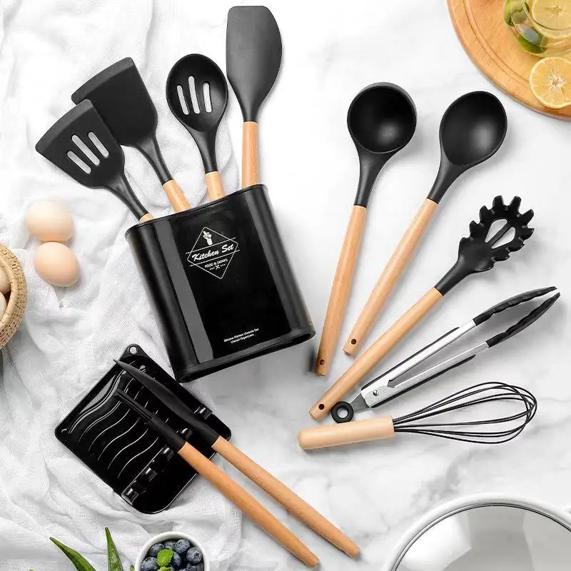 

Silicone Cooking Utensils Set With Storage Box Non-Stick Spatula Shovel Wooden Handle Cooking Tools Set Kitchen Tool Accessories