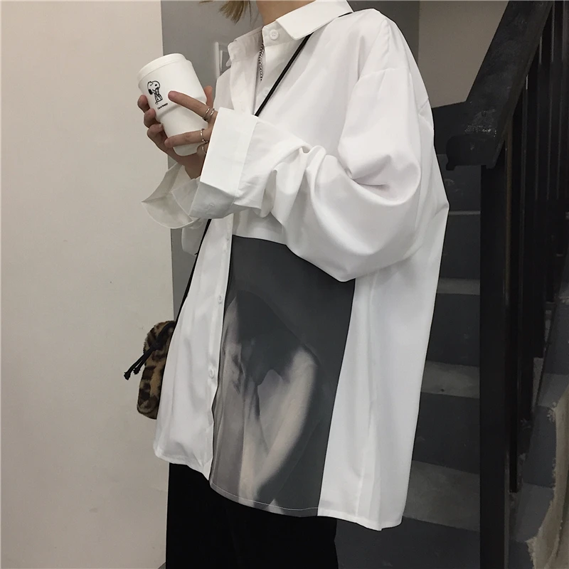 

blusas mujer de moda Harajuku patchwork print button turn-down collar womens tops and blouses Women's Clothing Shirts white