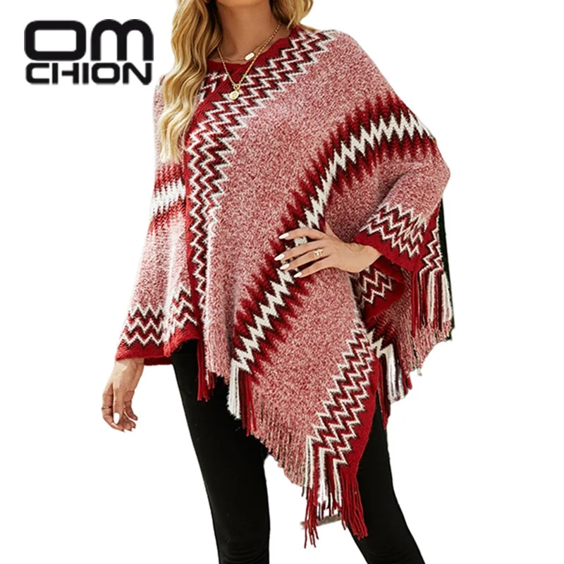 

OMCHION Pull Femme V Neck Overszied Poncho 2021 Autumn Geometric Shawl Cloak Women Casual Loose Tassel Sweater Coat Knitwear