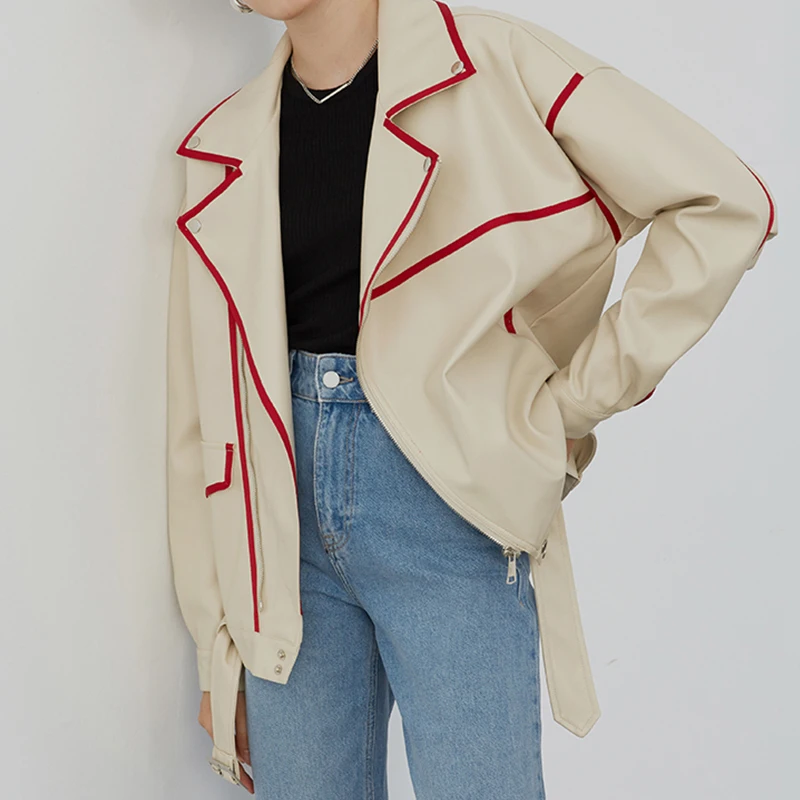 

LY VAREY LIN Autumn Women Apricot Zipper Motorcycle Biker Coat Patchwork Loose Faux PU Leather Jacket with Belt