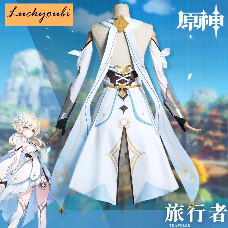 

Game Genshin Impact Project Cosplay Costume Traveler Lumine Cosplay Costumes Women White Halloween Anime Dress Suit Set