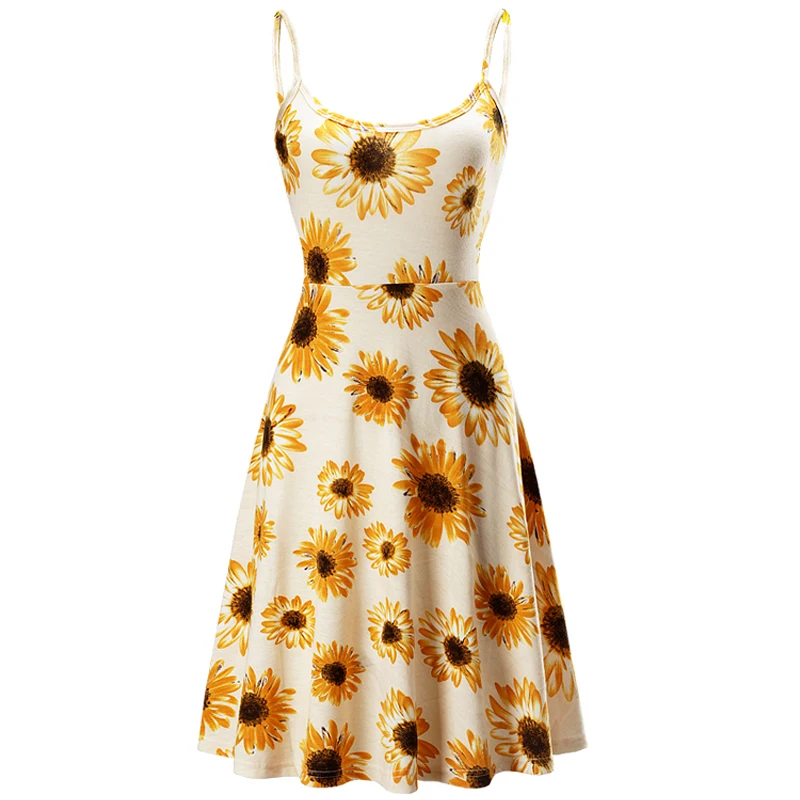 

Women's Summer Casual Sleeveless Beach Midi Flared Floral A-Line Strap Sun Dress