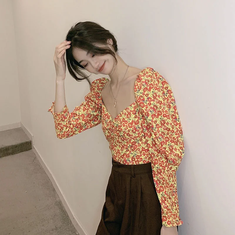 Autumn/winter Real Shot Cost-effective Puff Sleeve Square Collar Short Floral Top