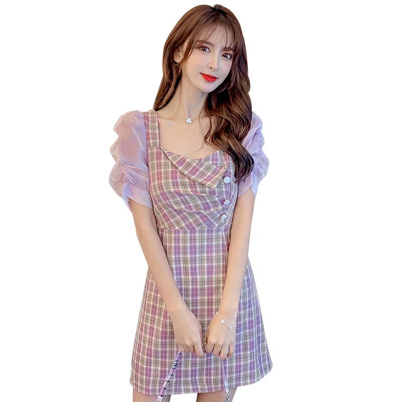 

Make the new summer temperament show thin purple grid square collar closes the waist dress