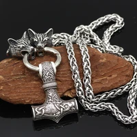 nordic men thors hammer pendant necklace viking celtic wolf head stainless steel keel chain necklace viking jewelry