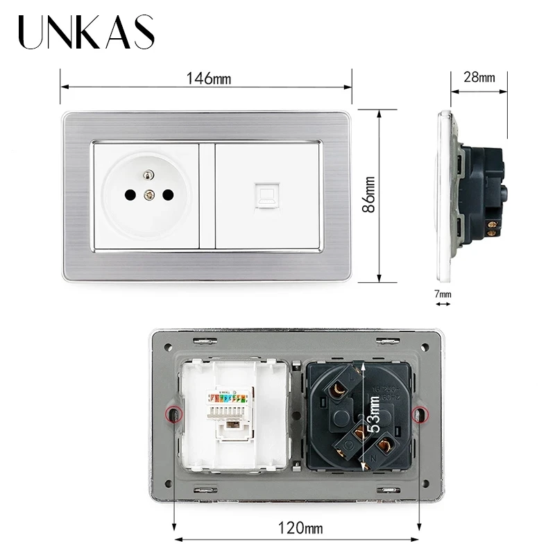 UNKAS серая панель из нержавеющей стали 16 А французская стандартная розетка + серый