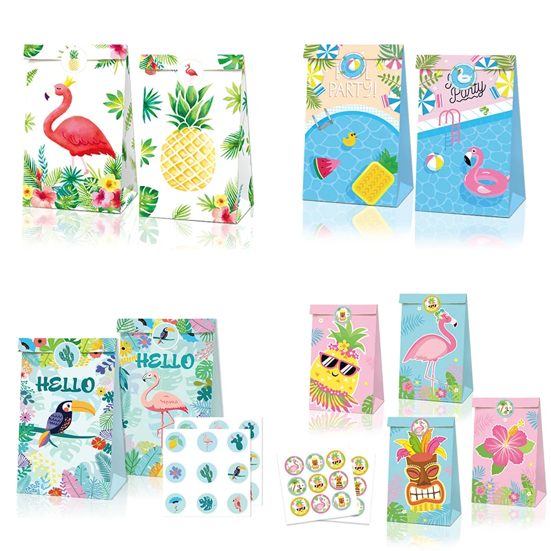 

12pcs Hawaii Flamingo Party Gift Bags Goody Biscuit Bags Box for Summer Hawaiian Party Birthday Luau Tropical Party Favors Decor