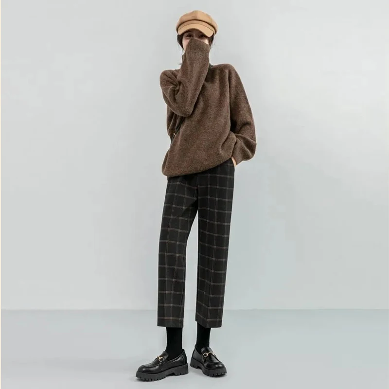 

Luck A 2021 Spring Women Plaid Plus Size Woolen Straight Trousers Female High Waist Loose England Style Ankle-length Pants