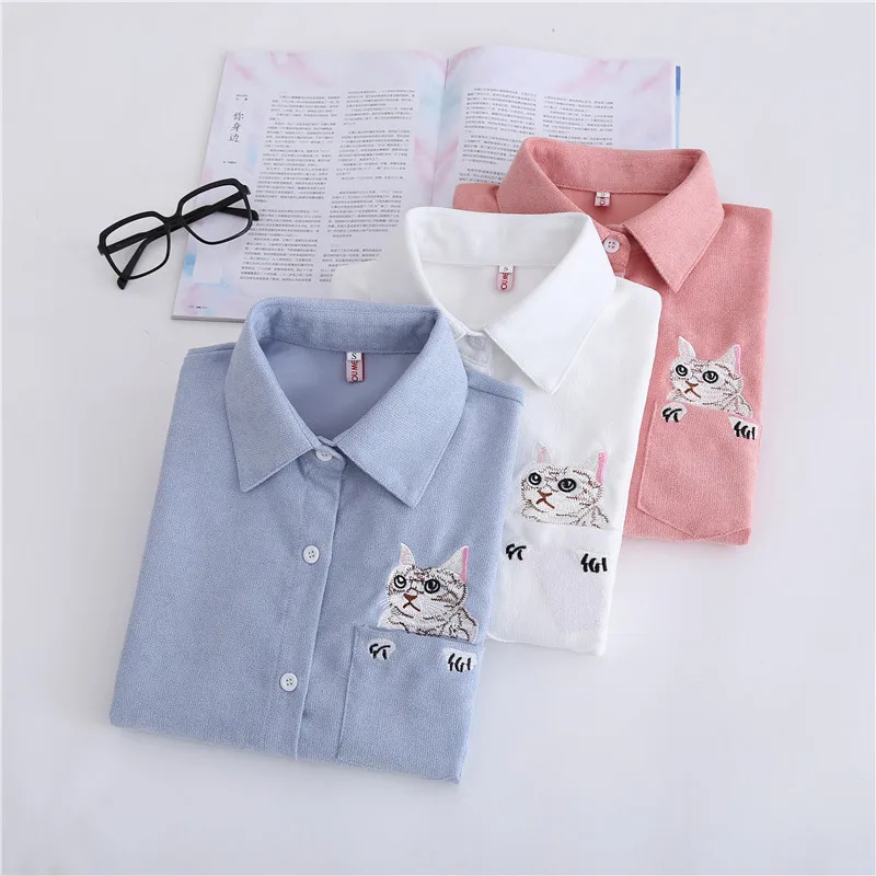 Женская Вельветовая блузка с вышивкой кошки длинным рукавом | одежда