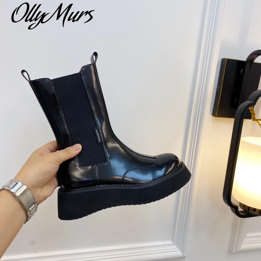 

Ollymurs 2021 Newest Winter Shoes Woman Chelsea Boots Elastic Boots Genuine Leather Mid-Calf Boots Woman Platform Boots