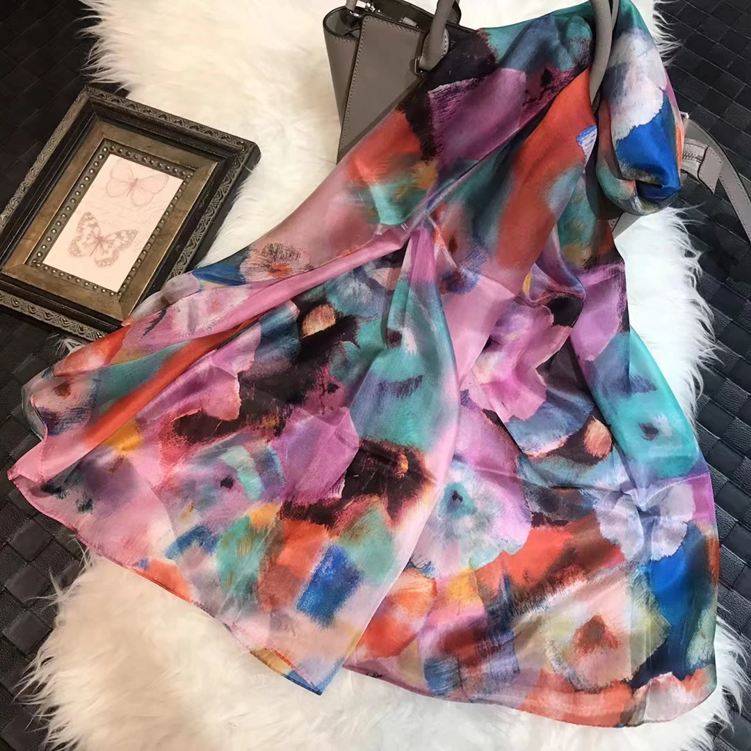 Fashion 100% Silk Scarf Ladies Pink Green Scarves BufandasSummer Beach Shawls Foulard Fall Winter Brand Long Neck Hijabs |
