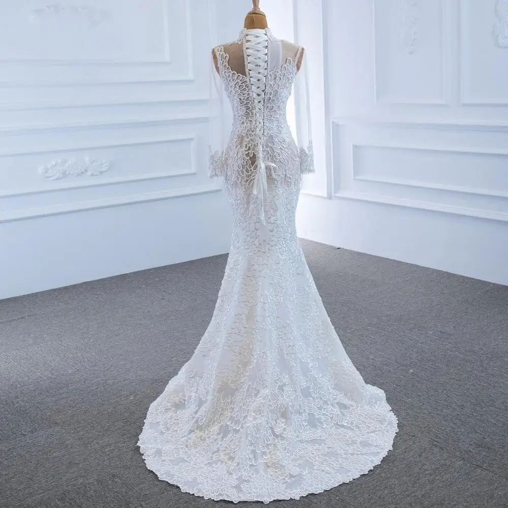 DD JYOY Sexy Transparent Mermaid Wedding Dress Long Sleeve Shining Beading See Through Lace Wedding Gown Small Train 2020 New