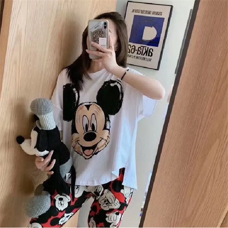 

Disney Микки Аватар домашняя женская летняя футболка с короткими рукавами брюки пижамы с Микки из мультфильма, пижама с принтом
