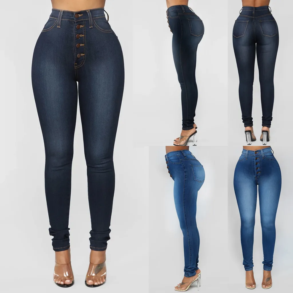 Модные женские джинсы с высокой талией Стрейчевые узкие однобортные брюки