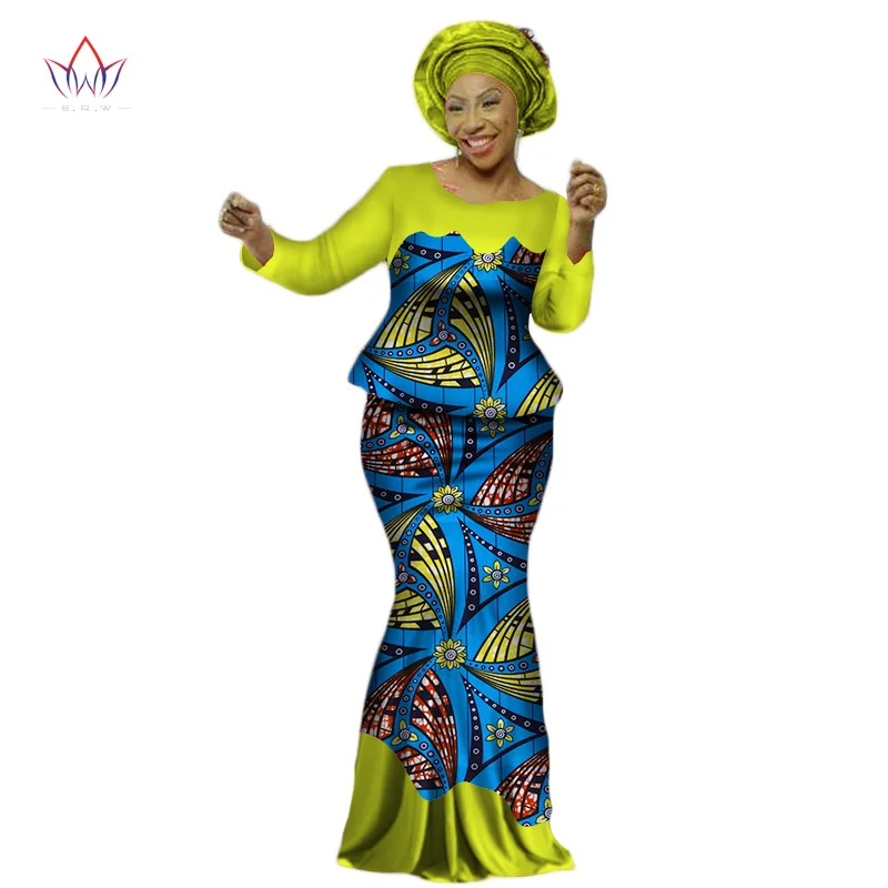 Africa Style Bazin Riche Dresses for Women Two Pieces Set Women Long Sleeve Tops and Long African Print Skirt Plus Size WY2454 - Цвет: 8