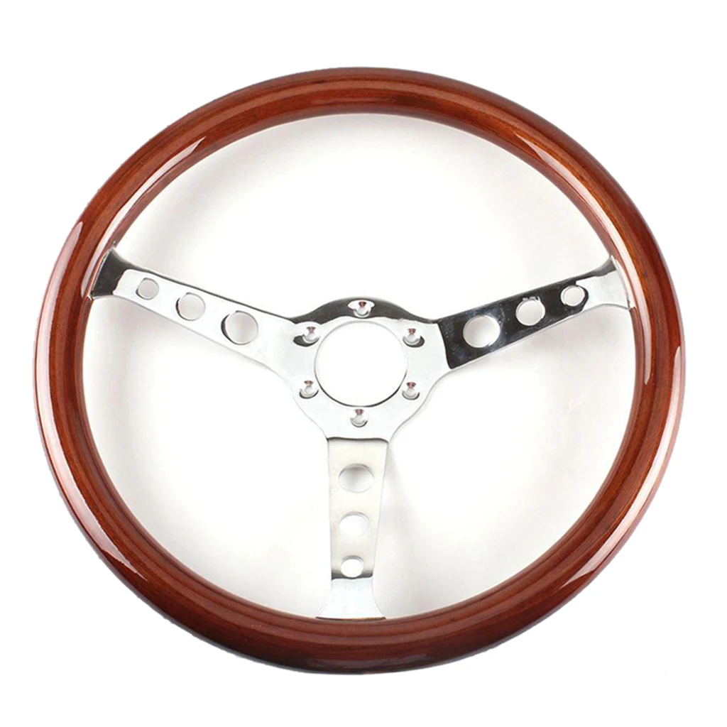 

15 inch Wooden Steering Wheel, Mahogany Hardwood Finish, Brushed Stainless Spokes