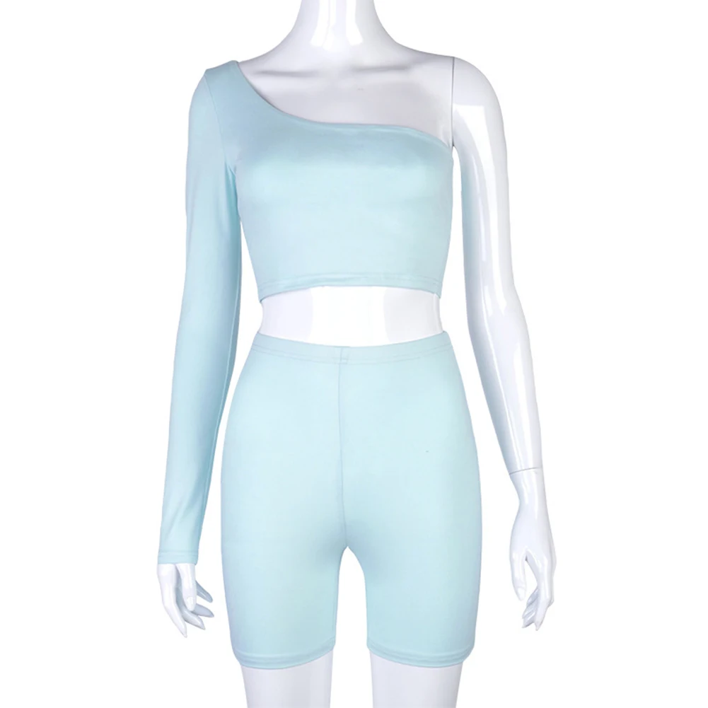 

One-Shoulder Sexy Crop Top Shorts Two Piece Suit Outfits Fashion Suit Women's Sportswear Bodycon Casual Long-sleeve Tracksuit