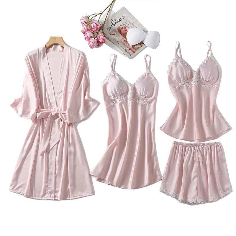 

Summer New 4PCS Women Pajamas Set Satin Sleepwear With Lace Casual Kimono Bathrobe Gown Sexy PJS Lingerie Loose Nightwear