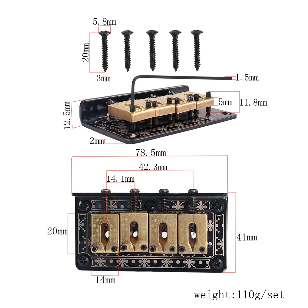 Exquisite Guitar Saddle Bridge Hardtail with Screws Wrench for 4 String Cigar Box Bass Replacement Parts Black | Спорт и развлечения