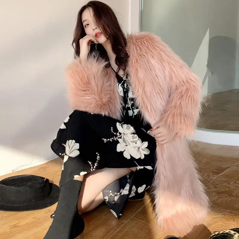 

Women 2020 Autumn Winter Long Faux Fur Coat Female V-neck Casual Hairy Furry Fake fur Overcoat Overcoat Loose Fluffy Outwear R63