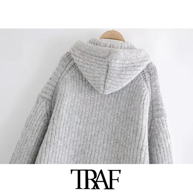 

TRAF Women Fashion With Pockets Oversized Knitted Sweatshirt Vintage Hooded Long Sleeve Female Pullovers Chic Tops