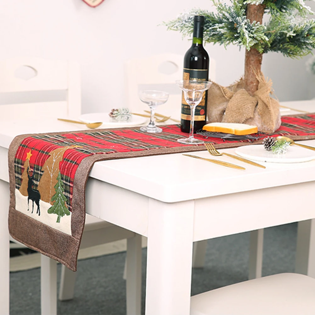 

Christmas Restaurant Dining Table Cover Holiday Party Atmosphere Desk Ornament Plaid Elk Xmas Tree Pattern Table Slid