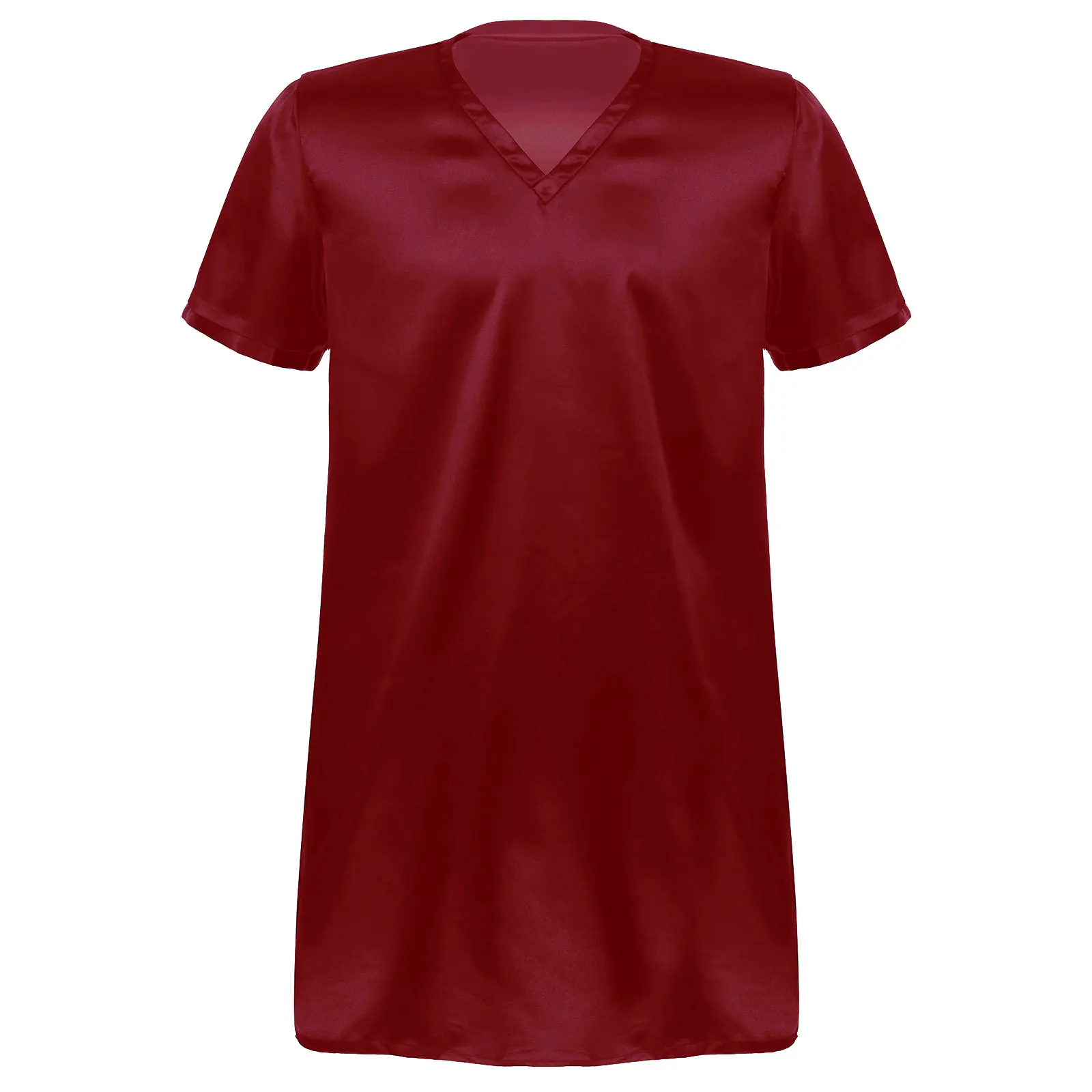 Men Satin Sleepwear V Neck Short Sleeve Nightgown Nightclothes Homewear Sides Split Nightwear
