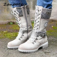 2021 winter women buckle lace knight boots low heel round toe mid calf boots top woolen winter warm snow boots women shoes
