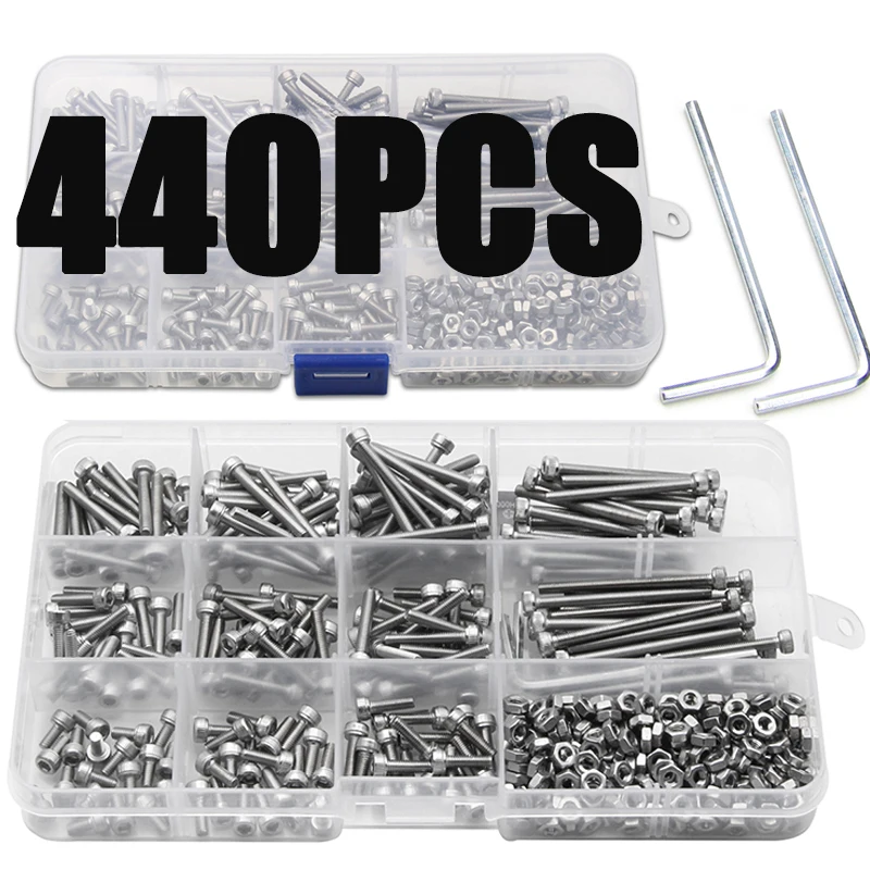 

440PCS M3 Screws 304 Stainless Steel Screws Cylinder Head Hexagon Hex Screw Bolt Kit with Wrench Furniture Fastener Kit