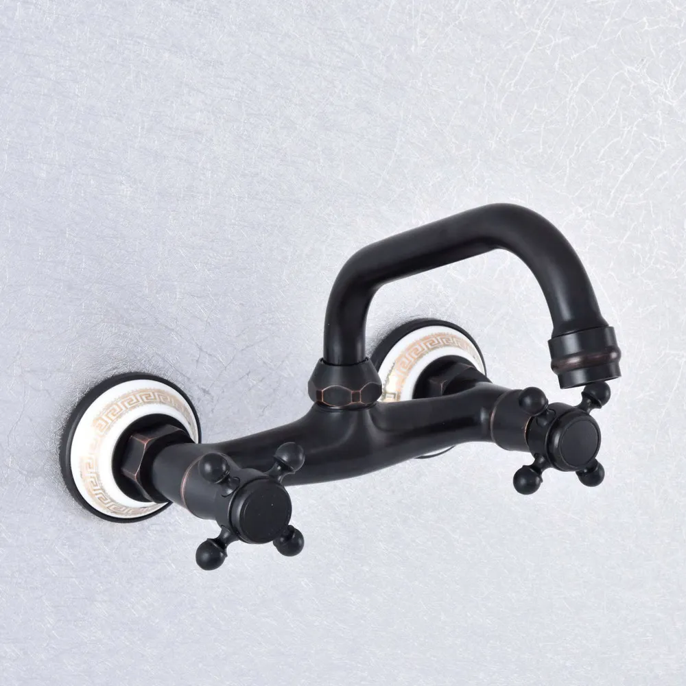 

Oil Rubbed Bronze Swivel Spout Kitchen Sink Faucet / Wall Mounted Dual Cross Handles Bathroom Basin Mixer Taps Nsf733