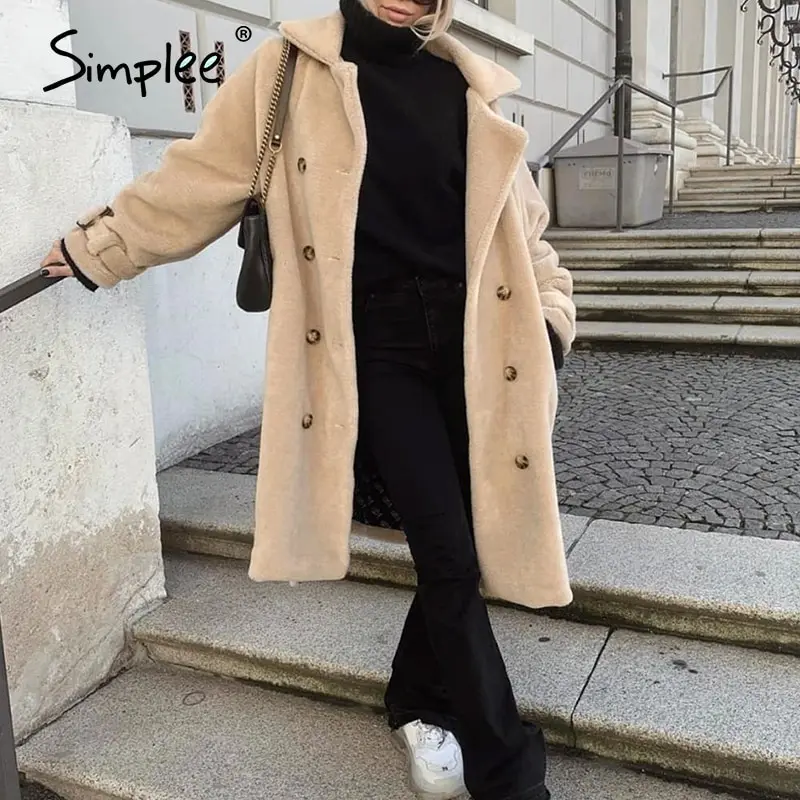 

Simplee Elegant solid double breasted hairy women fur coat V-neck belt long coat Office soft winter warm long jacket ladies 2020