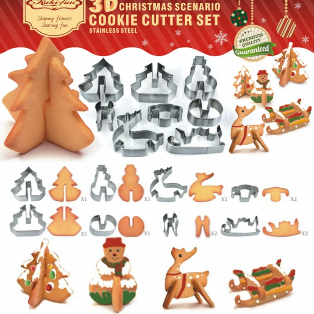 

8Pcs/Set 3D Christmas Scenario Fondant Stainless Steel Cookie Cutters Set Biscuit Baking Molds Kitchen Cake Decorating Tools