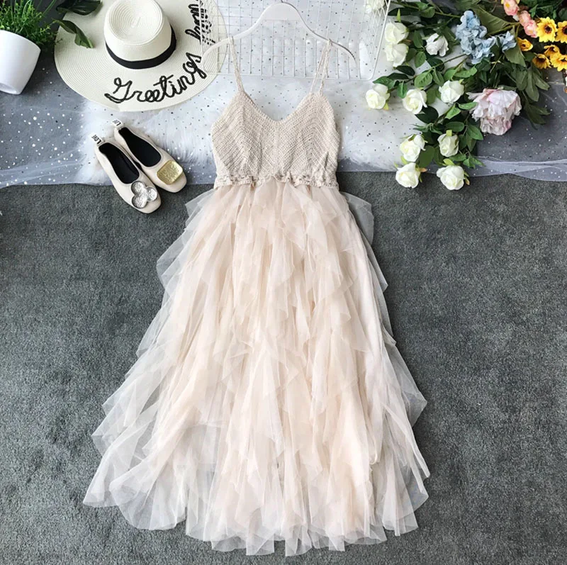 

Sexy Sling Tube Top Mesh Dress Women's Summer Knit Stitching Fluffy Cake Long Dress Fashion High Waist Beach Wind V-neck Dress