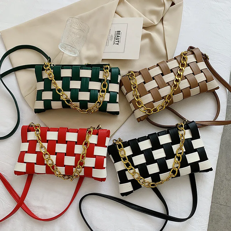 Color Contrast Weave Small Cute PU Leather Crossbody Bags for Women 2021 Simple Branded Luxury Gold Chain Shoulder Handbags