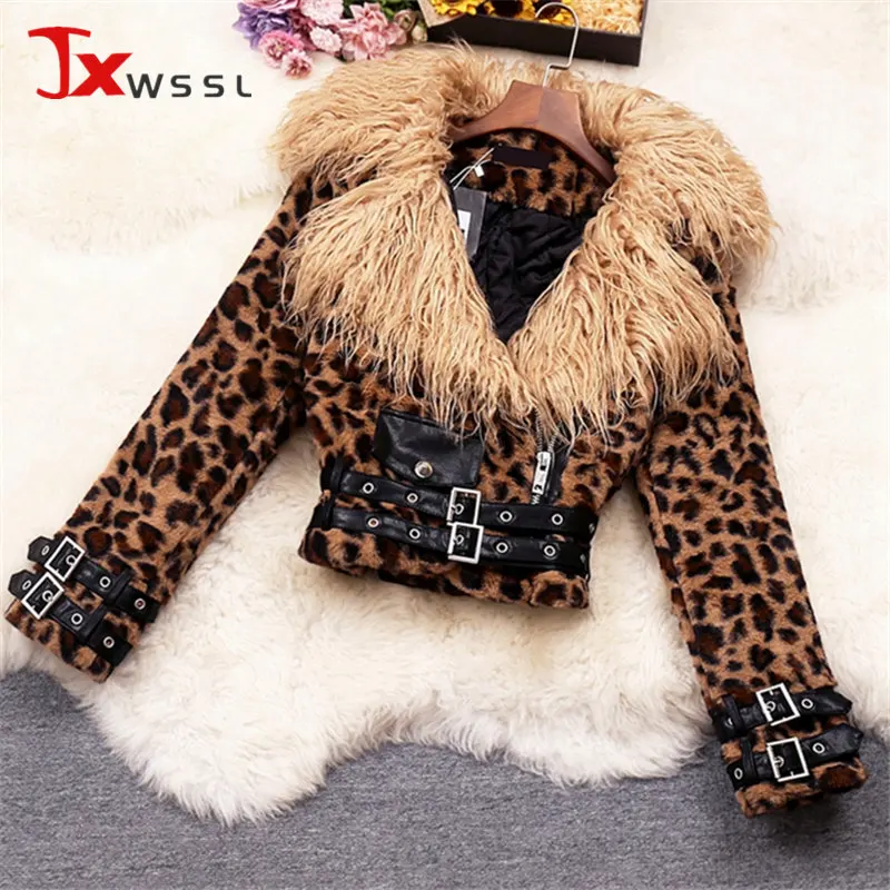 

Winter Women's New Fashion Queen Fur Collar Leopard Coat Leather Panel Zipper Short Coat Streetwear Fashion Female Cotton Coat