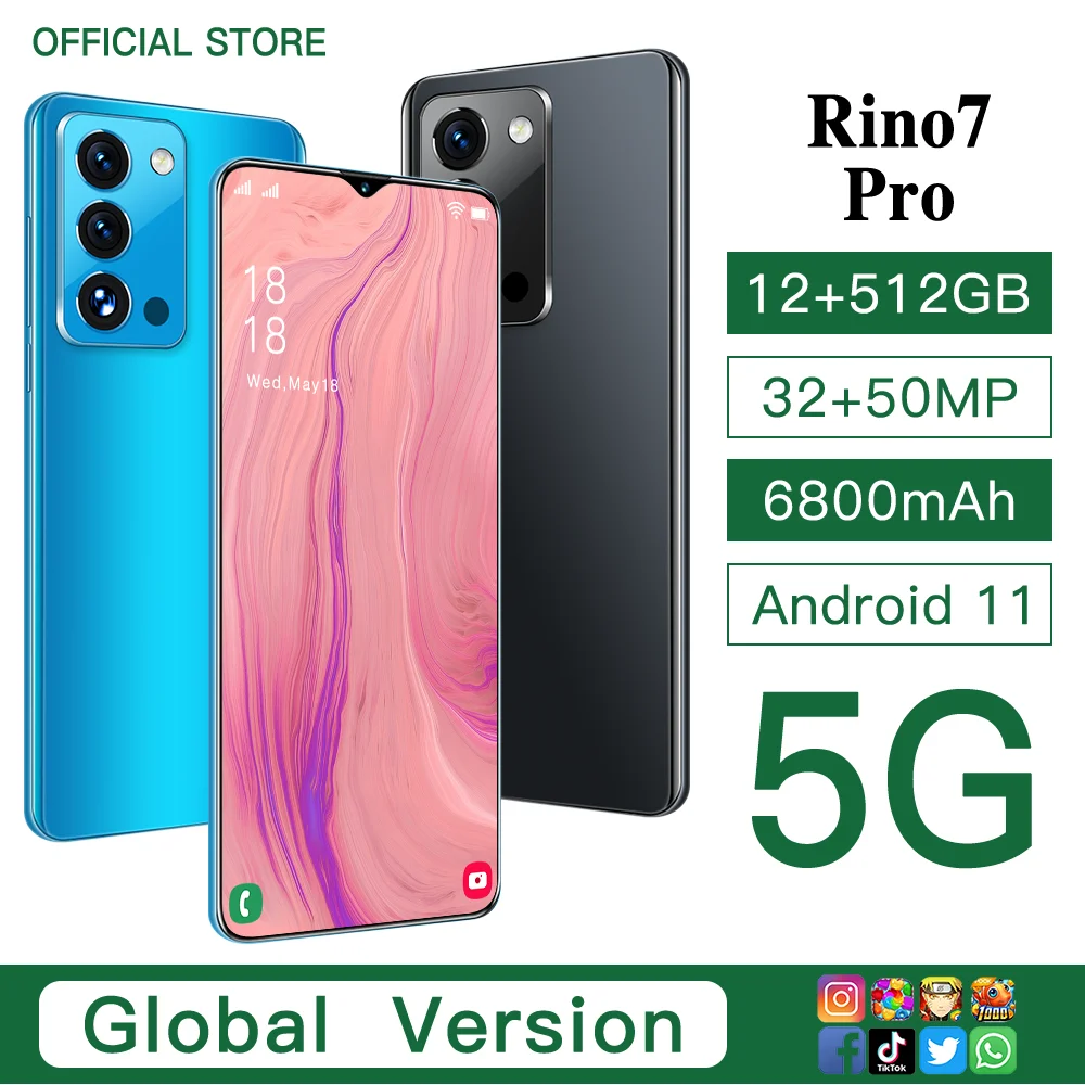 

Global Version Rino7 Pro 7.0 Inch Inch 12GB+512GB Andriod 11 Smartphones Qualcomm 888Face Fingerprint ID 6800mAh 5G Mobile Phone