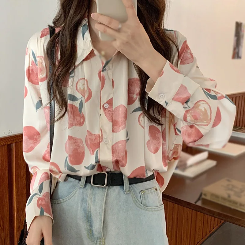 

Women Button Long-sleeve Blouse Vintage Shirts Female Printed Spring Summer Blouse