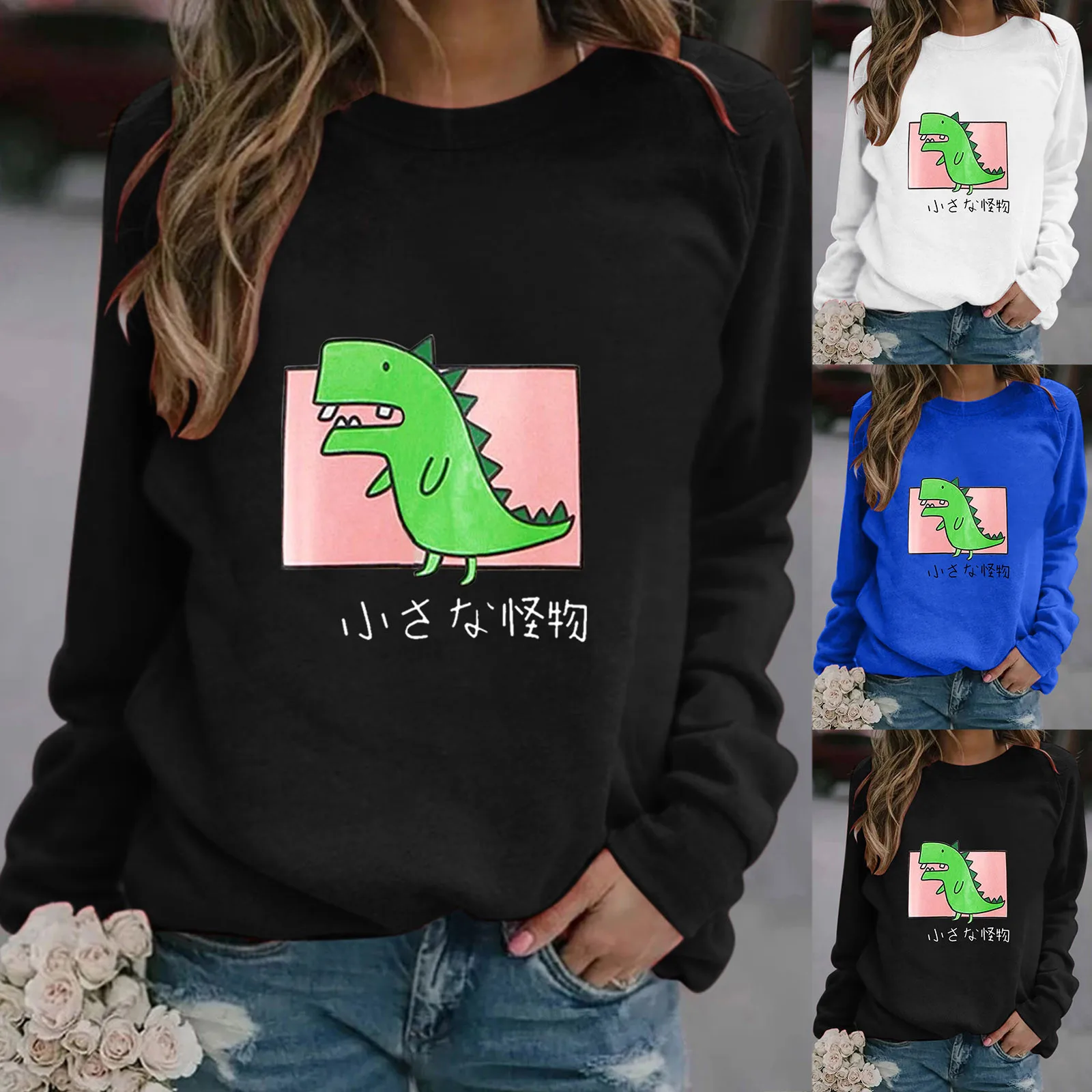 63# Hoodies Women Sweatshirt Japanese Style Kawaii Cartoon Dinosaur Hooded Autumn Spring Pullovers For Femaletop Sudadera Mujer