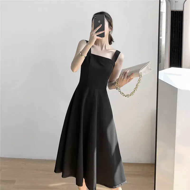 Women Sleeveless Dress Plus Size 3XL Solid Elegant Slim High Waist Retro Spaghetti Strap Backless Female Sexy Daily Streetwear | Женская