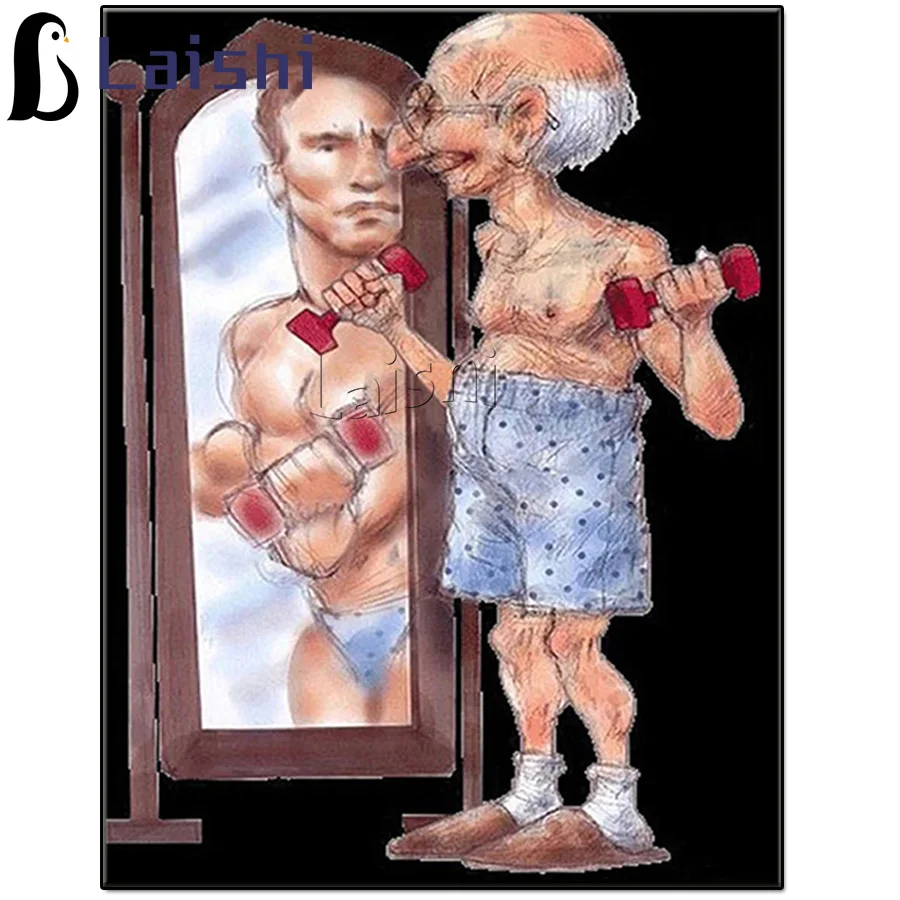 

Алмазная живопись, полностью квадратная круглая мультяшная картина для пожилых людей, фитнеса, зеркала, отражения, спортсменов, вышивка мач...