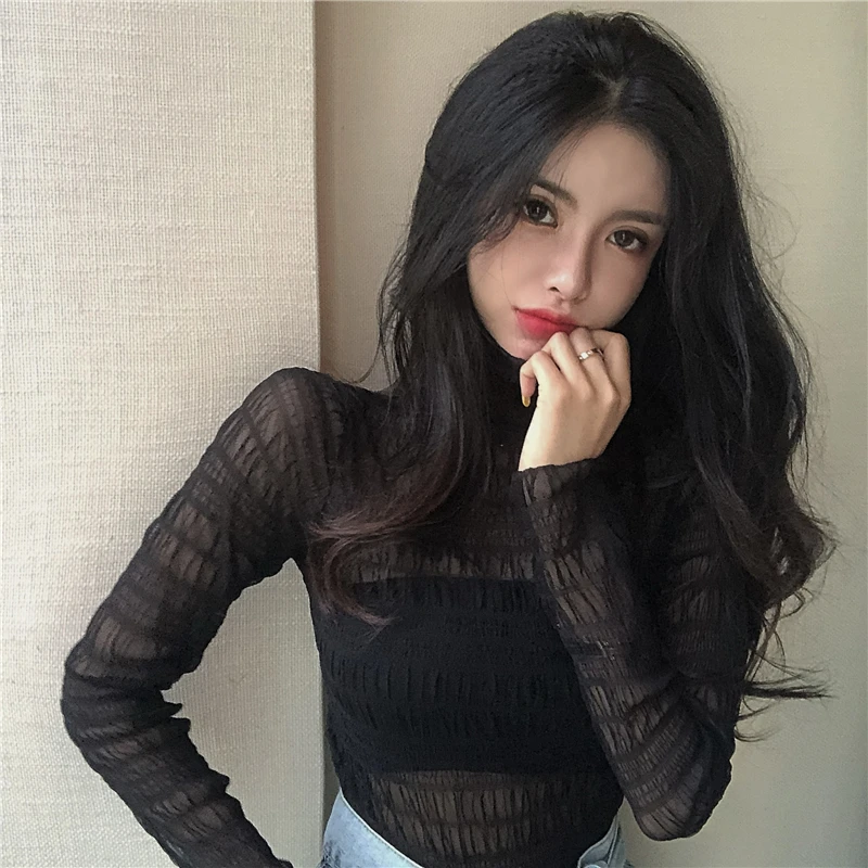 Женская водолазка Мягкие сетчатые Футболки с длинным рукавом женские