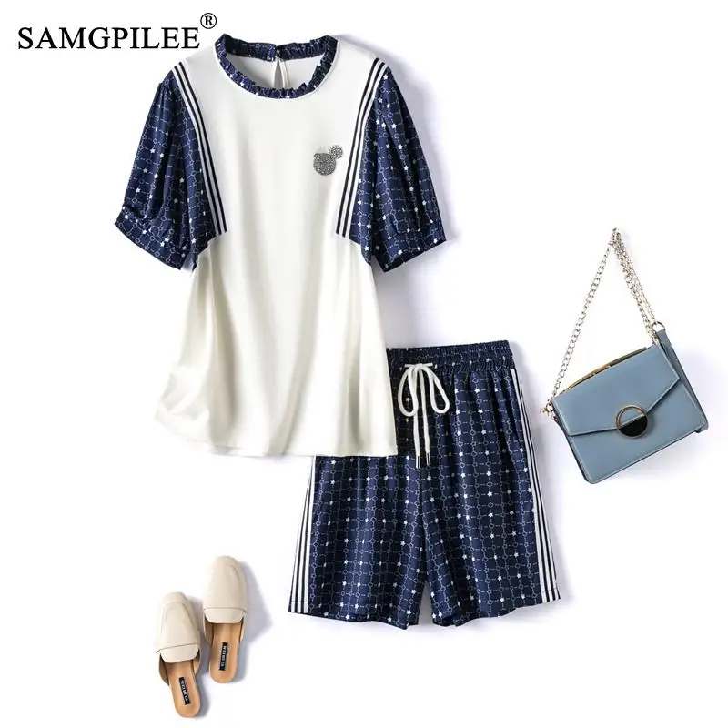 

Женский брючный костюм, с коротким рукавом, круглым вырезом и эластичной талией, лоскутный, летний, 2021