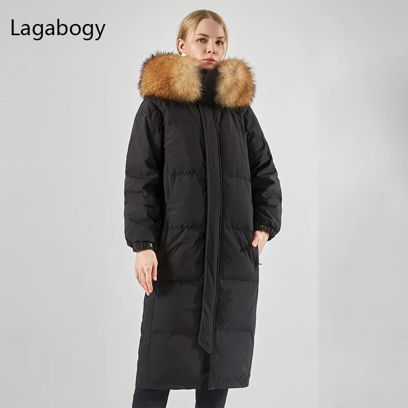 Lagabogy 2022 Women Winter 90% White Duck Down Coat Long Parka Female Hood Waterproof Thick Puffer Jacket Large Real Raccoon Fur