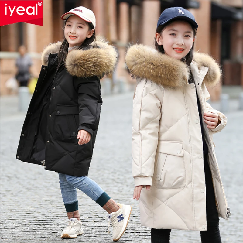 

IYEAL Winter Down Jacket For Girls Real Raccoon Fur Thick Warm Children Outerwear Coat 4-12 Years Kids Teenage Girl Parka