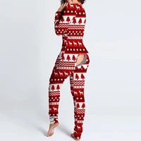 2021 christmas women onesies sexy open crotch sleepwear with butt flap winter xmas printed female pijamas pijama feminino z40