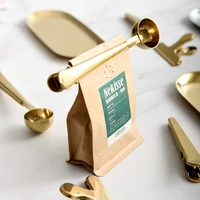gold stainless steel coffee scoop two in one food bags sealing clips coffee tea dessert seasoning spoon cafe decoration