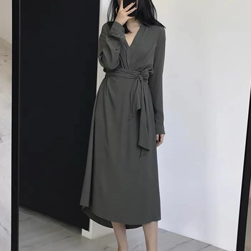 Зеленый Colorfaith Новинка осень зима женские платья комбинезон для новорожденных с длинными рукавами шнуровка v-образный вырез прерия шик элегантные миди однотонные женские DR7097 - Цвет: Зеленый