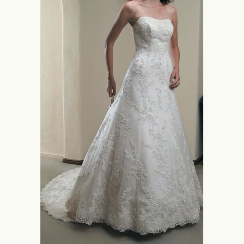 

Modern Classic Ivory A Line Lace Wedding Dresses for Bride Open Back Strapless Appliqued Bridal Wedding Gowns Court Train 2020