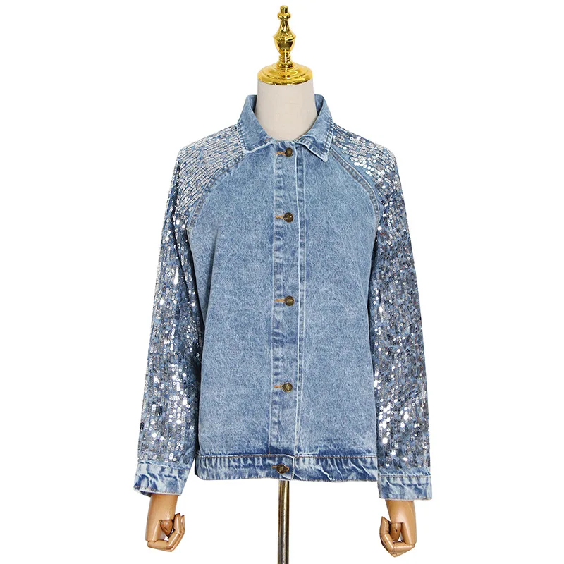 

Temperament ladies women's summer new buckle sequins stitching lapel washed denim coat
