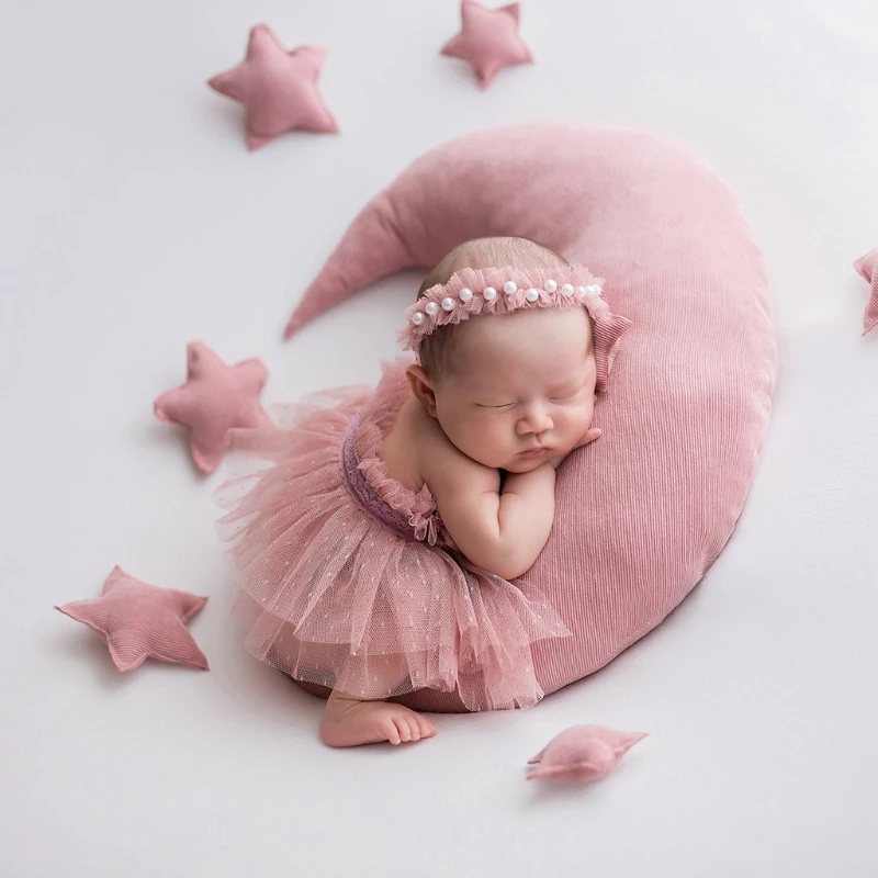 

Newborn Photography Props Lace Skirt Pearl Headband Set Baby Photo Shooting Costume Posing Assist Fotografie Accessory